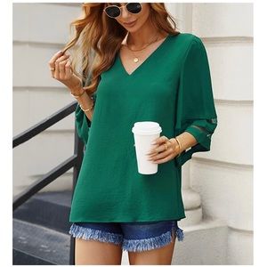 Women’s Solid Print V-Neck 3/4 Bell Sleeve Mesh Panel Blouse Top XL